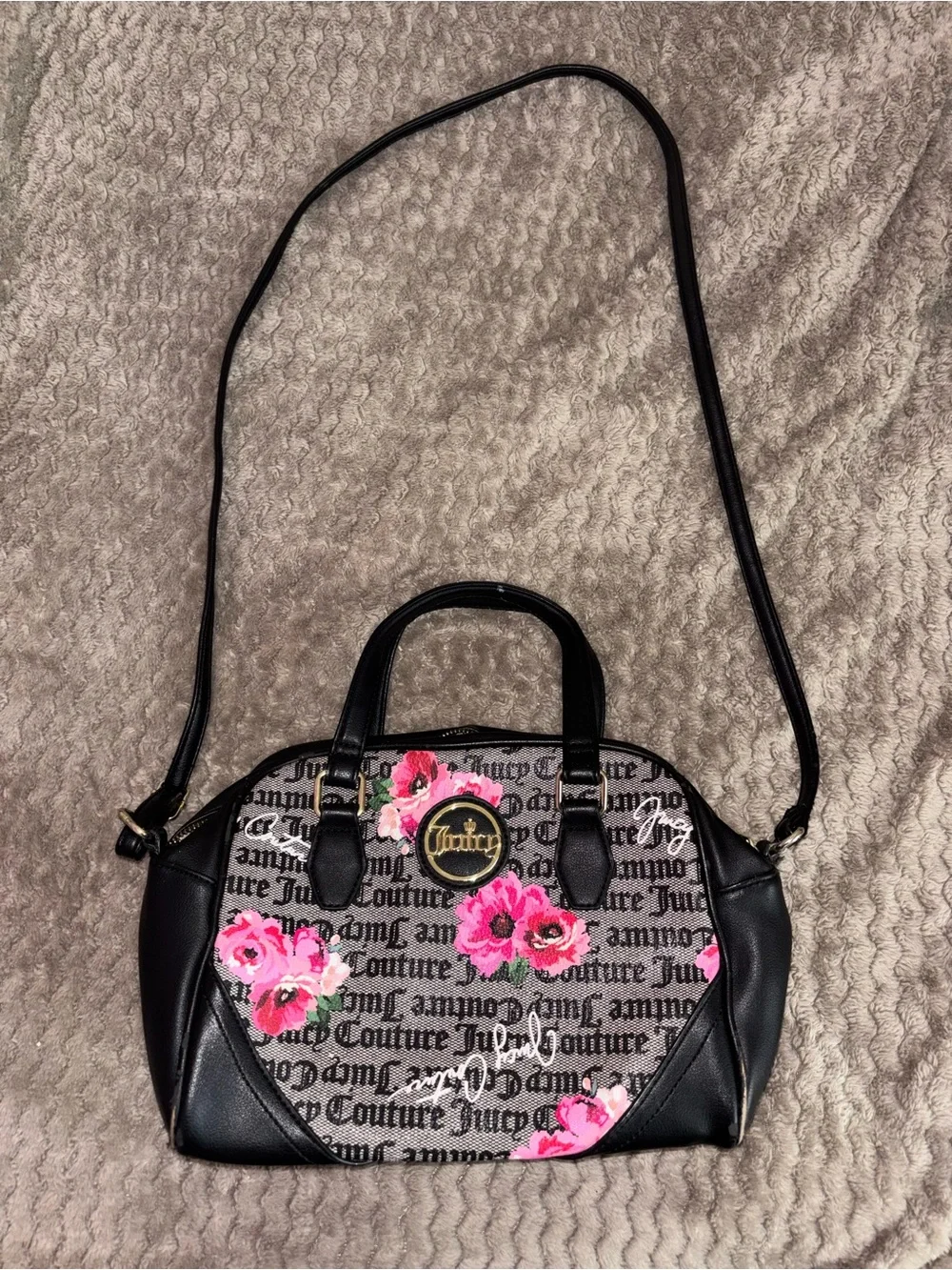 Juicy Couture Black and Pink Floral Logo Satchel with Matching Wristlet